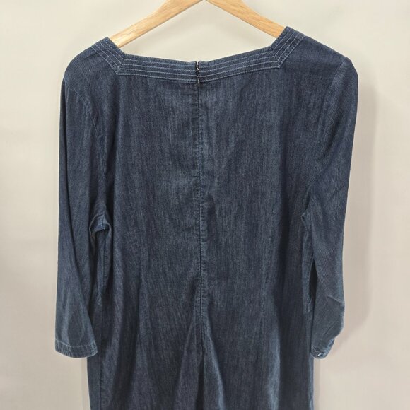 Talbots Denim Chambray Cotton Square Neck 3/4 Sleeved Midi Shift Dress 16P - Picture 2 of 15